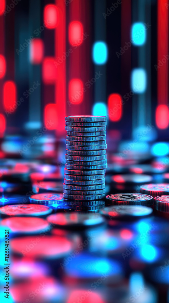 Poster dynamic business transactions stacks of coins and currency symbols flowing revenue in a sleek glowin