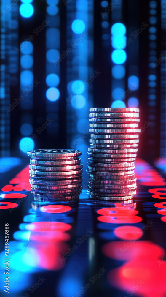 Poster dynamic business environment revenue transactions with currency symbols and coin stacks in a glowing