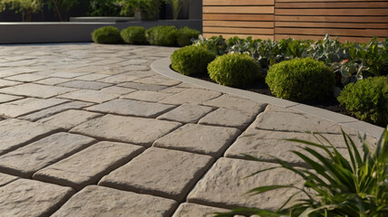"Outdoor Patio Installation" Close-up of newly laid patio stones arranged in a modern style with subtle texture and hints of greenery in the background.