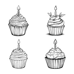 set of decorated cupcake with a lit candle on top, coloring page for kids,