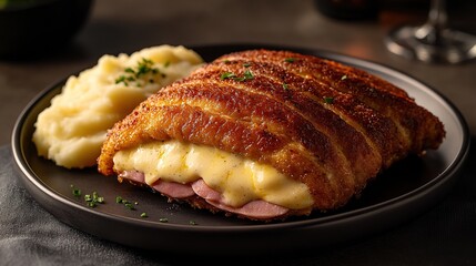 Chicken Cordon Bleu, a French-inspired dish, featuring a crispy golden crust, stuffed with melted Swiss cheese and ham, served with a side of mashed potatoes 