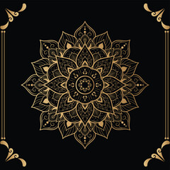 Luxury mandala design black background in gold color