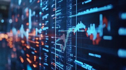 A close-up view of a digital screen displaying data graphs and metrics