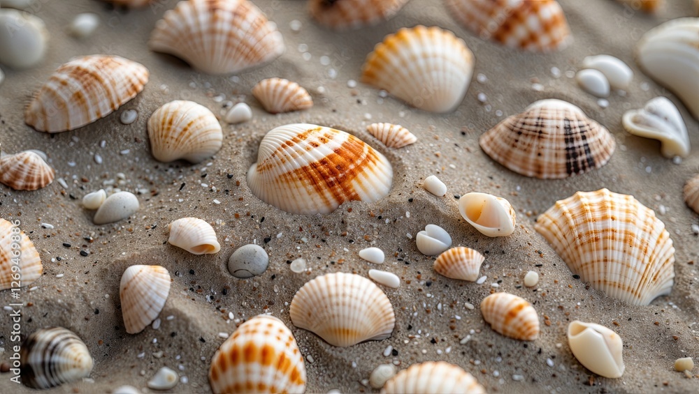Poster close-up of various seashells scattered on the sandy beach, showcasing intricate patterns and textur