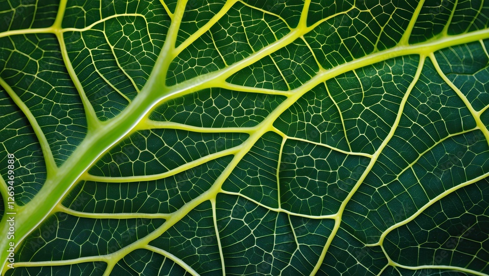 Poster close-up view of a vibrant green leaf showcasing intricate vein patterns and a textured surface high