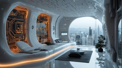 Futuristic penthouse featuring a circuit board-inspired embossed metal wall