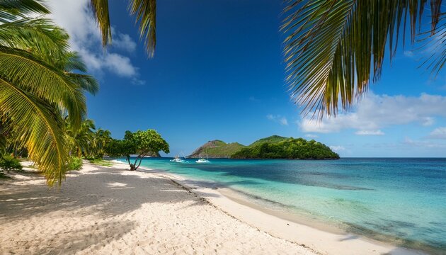 palm fringed white sand beach on palm island with union island in the background the grenadines st vincent and the grenadines windward islands