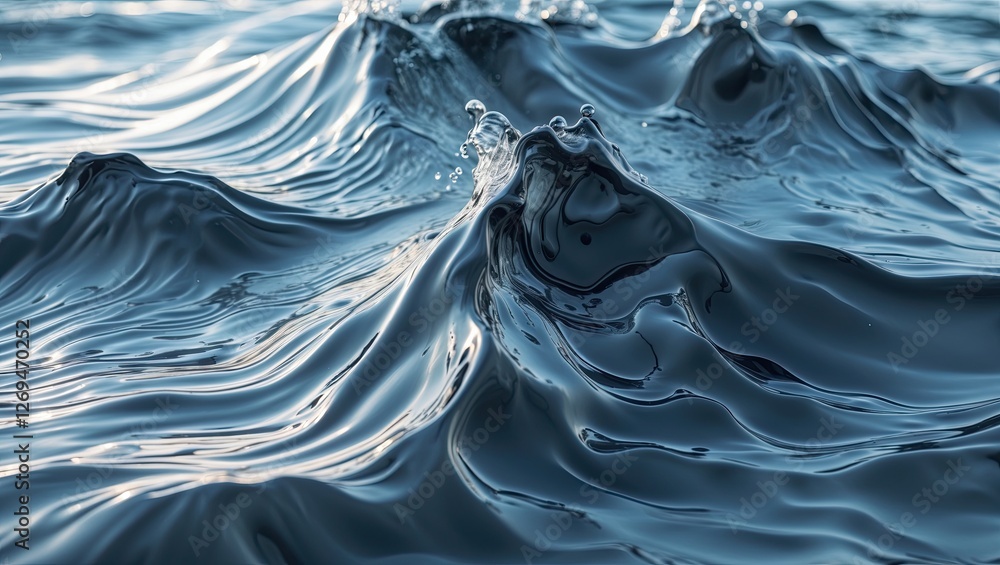 Poster Close-up view of shimmering ocean waves, displaying undulating patterns and reflections of light, creating a tranquil atmosphere