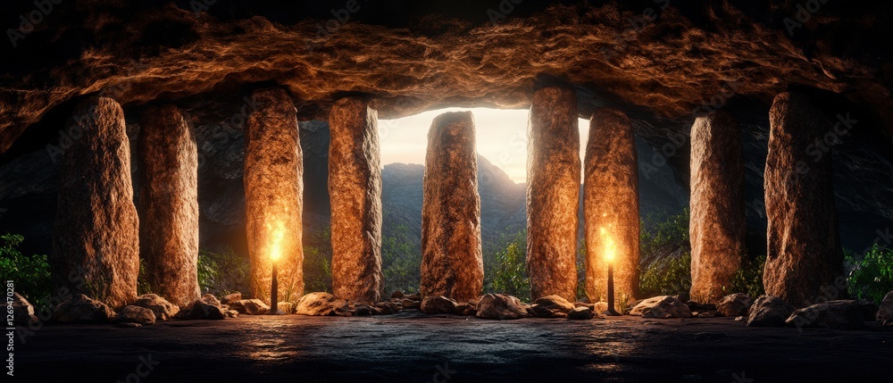 Poster ancient underground temple with large opening and towering structures in a dark cave environment
