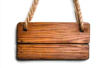 Rustic brown wooden sign hanging from a rope against a plain white background. The wood is weathered and shows its grain. Ideal for adding text or a
