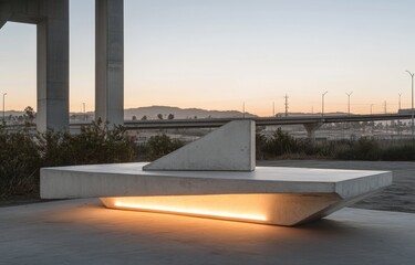 Modern concrete bench under bridge at sunset