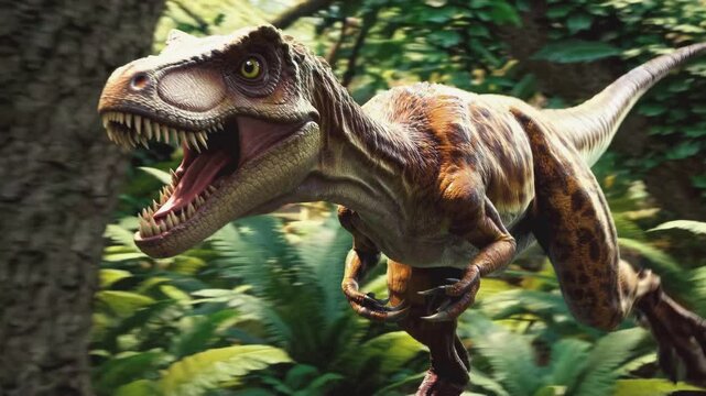 Spotted reptilian beast prowls dense vegetation. South American predator with distinctive horns navigates prehistoric environment. Fixed camera captures dynamic movement