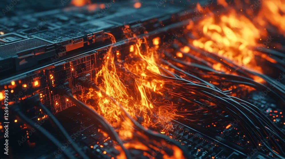 Poster server room fire is raging, burning computer cables and circuits