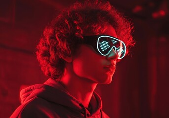 Curly haired male modeling futuristic LED glasses, bathed in crimson light, embodying cyberpunk aesthetic within shadowy urban interior