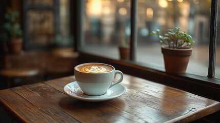 Fototapeta premium A serene moment features a frothy cup of coffee placed on a wooden table in a cozy cafe. Soft sunlight pours in through the window, casting a warm glow and inviting relaxation