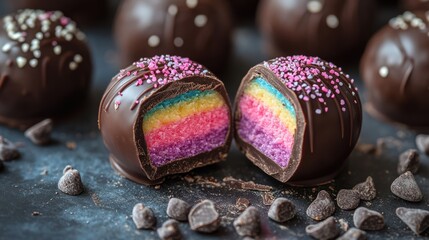 Gourmet chocolate truffle cut in half revealing a vibrant rainbow filling