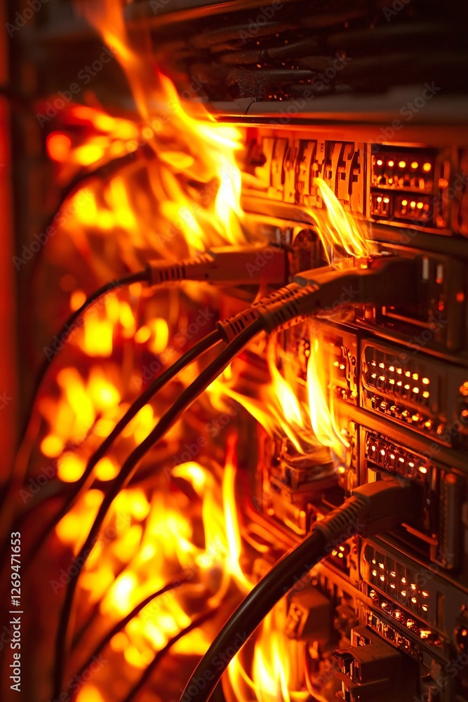 Poster Network server is in danger of catching fire, highlighting the risk of data loss and system failure