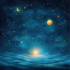 Fototapeta premium Celestial Night Sky with Stars, Moon, and Dreamy Ocean Waves