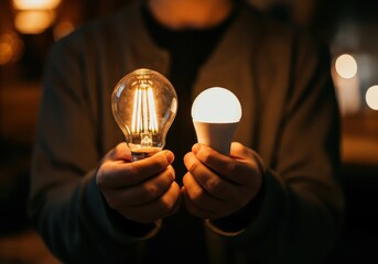 Caucasian male comparing energy saving and filament light bulbs, demonstrating technological advancements