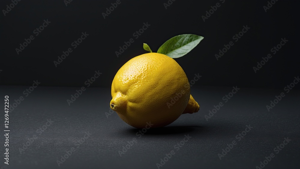 Aufkleber fresh lemon with vibrant color and leaf, positioned on a dark textured surface, creating a striking 