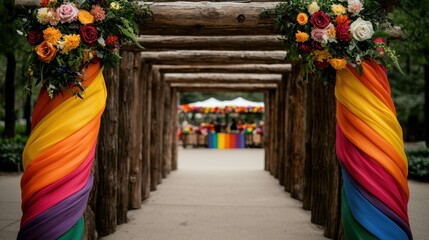 Fototapeta premium LGBTQ+ Archway Concept, Vibrant Rustic Archway Adorned with Lush Flowers Celebrating LGBTQ+ Pride in a Natural Setting