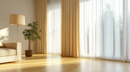 Fototapeta premium Bright and Airy Modern Living Room with Large Windows and Drapes