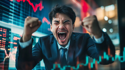 A young businessman is celebrating a financial victory with a loud shout, expressing excitement and thrill