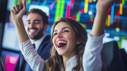 Fototapeta premium A young businesswoman celebrates success in the office, raising her hands in joy. A colleague smiles in the background, showcasing positive teamwork and shared victory in finance.