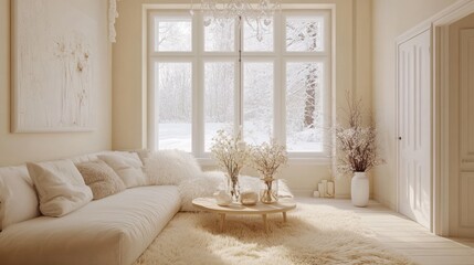 Cozy winter living room, snowy view, calm interior, relaxing atmosphere, ideal for a peaceful moment