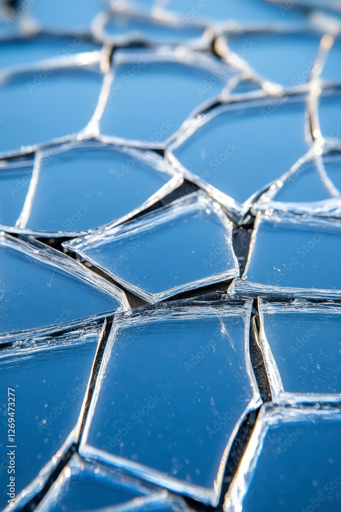 Poster close up view of shattered glass reflecting light, creating a mosaic of blue and gray fragments. the