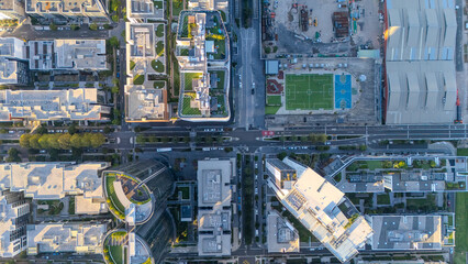 Aerial Drone view looking down on Commercial Suburb of Burwood in Sydney residential houses in...