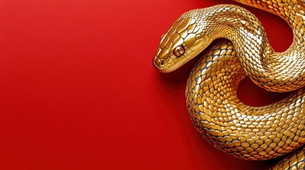 Obraz premium Golden Snake with Shimmering Scales on a Vibrant Red Background