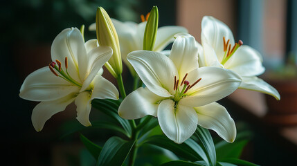 A vibrant arrangement of white lilies showcases their elegant petals and striking stamens, creating a serene atmosphere in a warm, softly lit room adorned with greenery