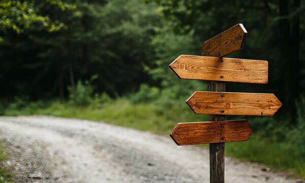 A rustic wooden signpost with multiple directional arrows stands prominently in a serene forest, inviting exploration and guiding adventurers on their journey.