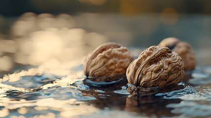 Walnuts afloat in shimmering water, capturing a unique perspective of nature's bounty and reflections.