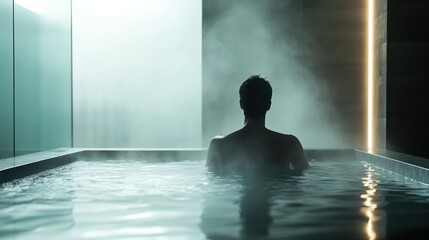 A person enjoying a relaxing bath with hot water in a spa-like bathroom, steam gently rising from the water surface. The room has soft lighting and high-end fixtures, offering a soothing atmosphere.