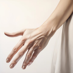 Fototapeta premium Womans Hand Beige Nails White Fabric Closeup