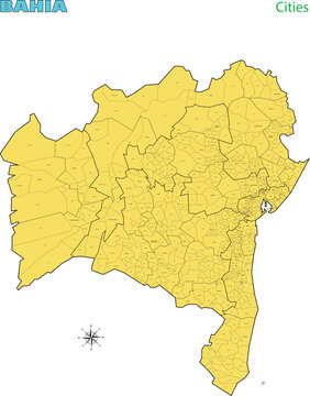 Map of the territory of the state of Bahia with divisions by highlighted cities, vector with simple lines of political divisions
