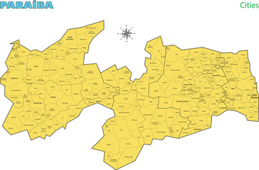 Map of the territory of the state of Paraíba with divisions by highlighted cities, vector with simple lines of political divisions © wtondossantos