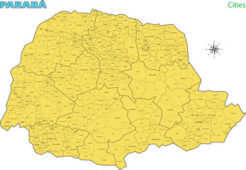 Map of the territory of the state of Paraná with divisions by highlighted cities, vector with simple lines of political divisions © wtondossantos