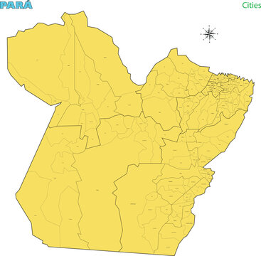 Map of the territory of the state of Par&aacute; with divisions by highlighted cities, vector with simple lines of political divisions