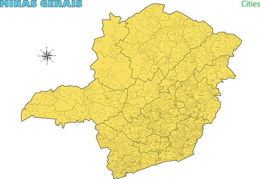 Map of the territory of the state of Minas Gerais with divisions by highlighted cities, vector with simple lines of political divisions