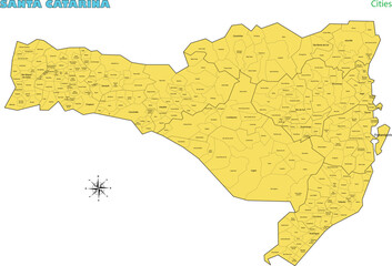 Map of the territory of the state of Santa Catarina with divisions by highlighted cities, vector with simple lines of political divisions © wtondossantos