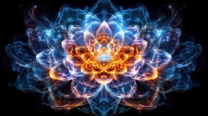 Flower with blue and orange smoke against intricate fractal background in studio lighting setup