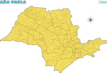 Map of the territory of the state of São Paulo with divisions by highlighted cities, vector with simple lines of political divisions