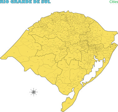 Map of the territory of the state of Rio Grande do Sul with divisions by highlighted cities, vector with simple lines of political divisions