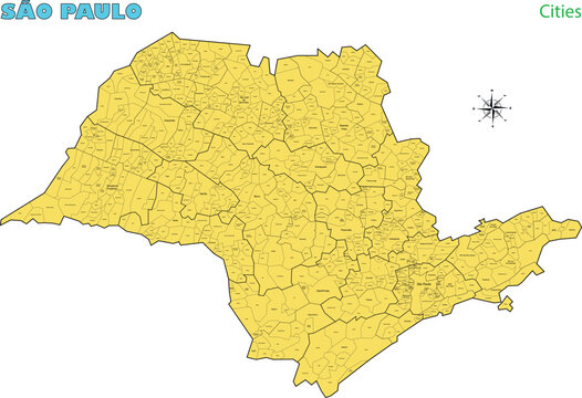 Map of the territory of the state of S&atilde;o Paulo with divisions by highlighted cities, vector with simple lines of political divisions