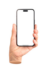 Elderly female hand holding a smartphone with a blank screen. Wrinkled fingers gripping the device, ideal for showcasing technology, app design, or online promotion. Isolated on white background.