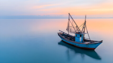 Obraz premium Serene ocean with fishing boat at sunset, reflecting calm waters