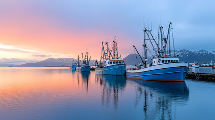 Fototapeta premium serene harbor at sunset with fishing boats reflecting on calm waters
